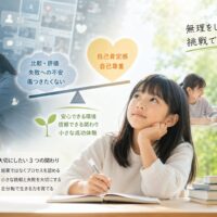 ノートを開く少女の前景。自己肯定感を象徴する黄色いハートと、比較・評価への不安を示す雲が天秤の両側に乗る教育広告風の場面。中央に希望を感じさせる表現あり。