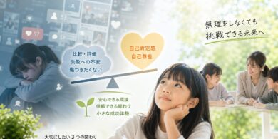 ノートを開く少女の前景。自己肯定感を象徴する黄色いハートと、比較・評価への不安を示す雲が天秤の両側に乗る教育広告風の場面。中央に希望を感じさせる表現あり。