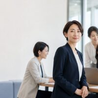 121da3ea-f7c2-479c-9215-d72bd153a181 | 一般社団法人日本セルフエスティーム普及協会|JISE|自己肯定感の専門団体 Professional woman in a navy blazer stands at a conference table as four colleagues chat in a bright office corner.