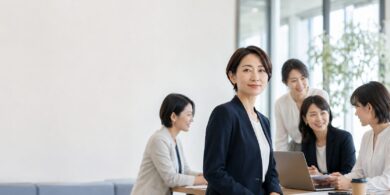 Professional woman in a navy blazer stands at a conference table as four colleagues chat in a bright office corner.