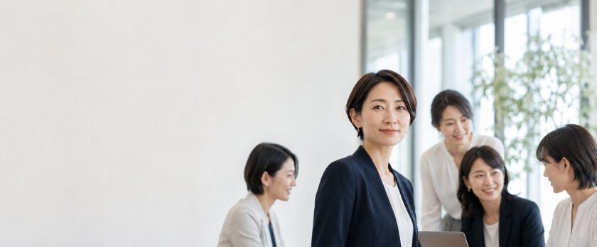 Professional woman in a navy blazer stands at a conference table as four colleagues chat in a bright office corner.