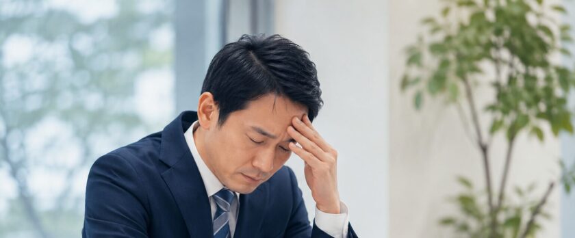 Man in a navy suit sitting at a desk with a laptop, head resting on his hand in a stressed pose.